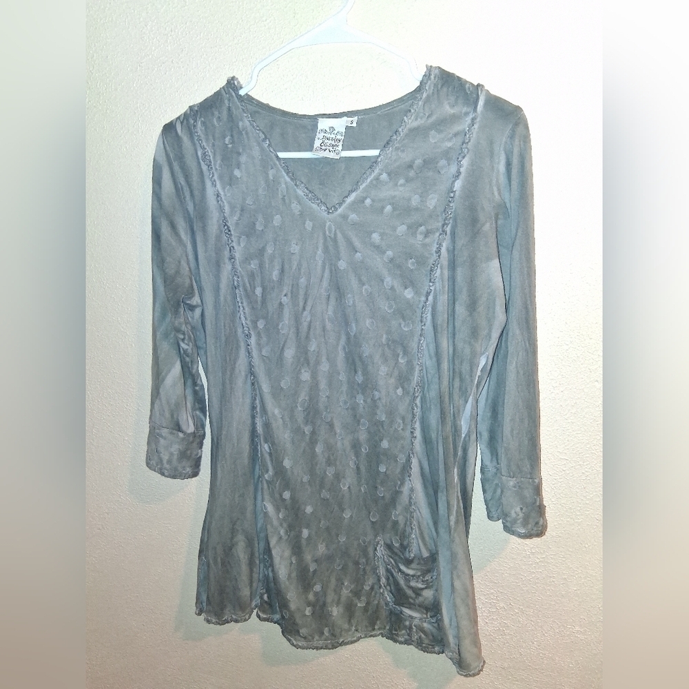 Parsley Sage Sz S Blue Gray V Neck Circle Cutout Cotton Jersey Knit Tunic Shirt